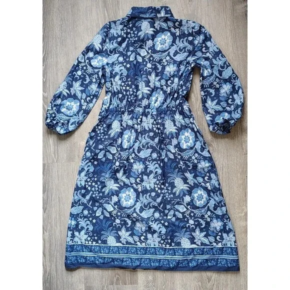 Talbots Dress 4P Womens Blue Floral A Line 3/4 Balloon Sleeve Drawstring Waist - Picture 3 of 14